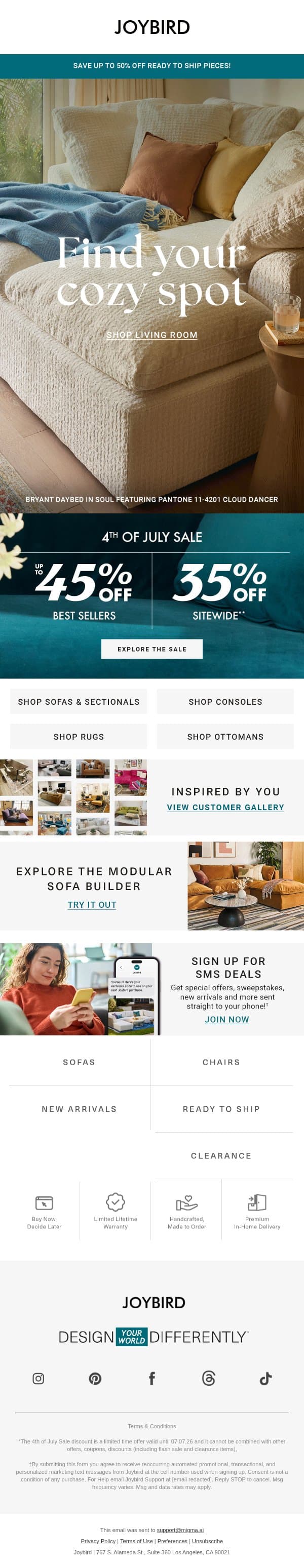 🛋 Up to 45% off some of our coziest seats email from Joybird screenshot