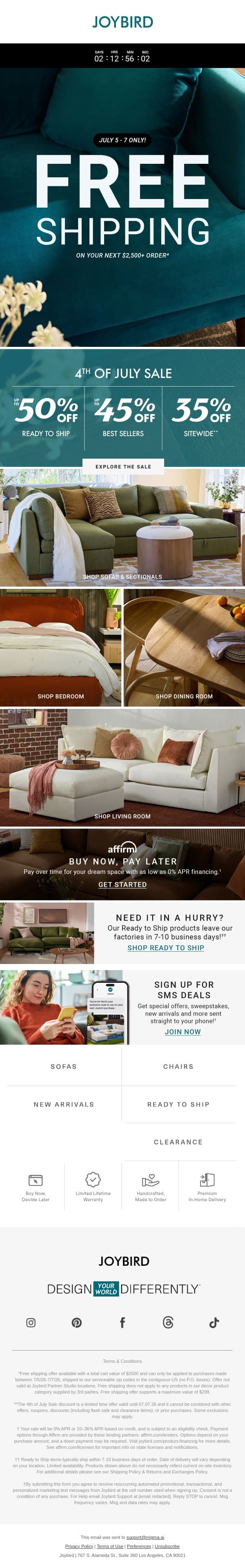 7/5-7/7 Free Shipping on orders $2500+! email from Joybird screenshot