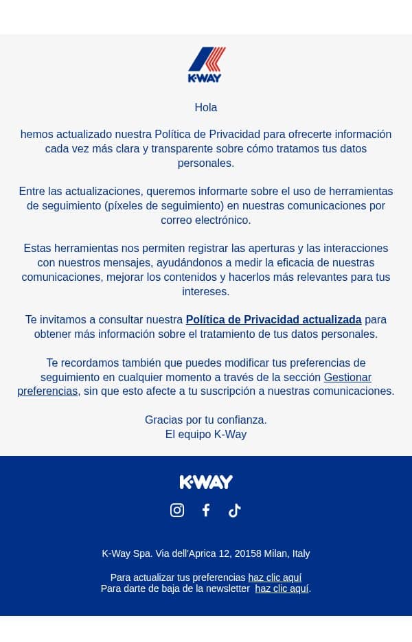 Hemos actualizado nuestra Política de Privacidad email from K-Way screenshot