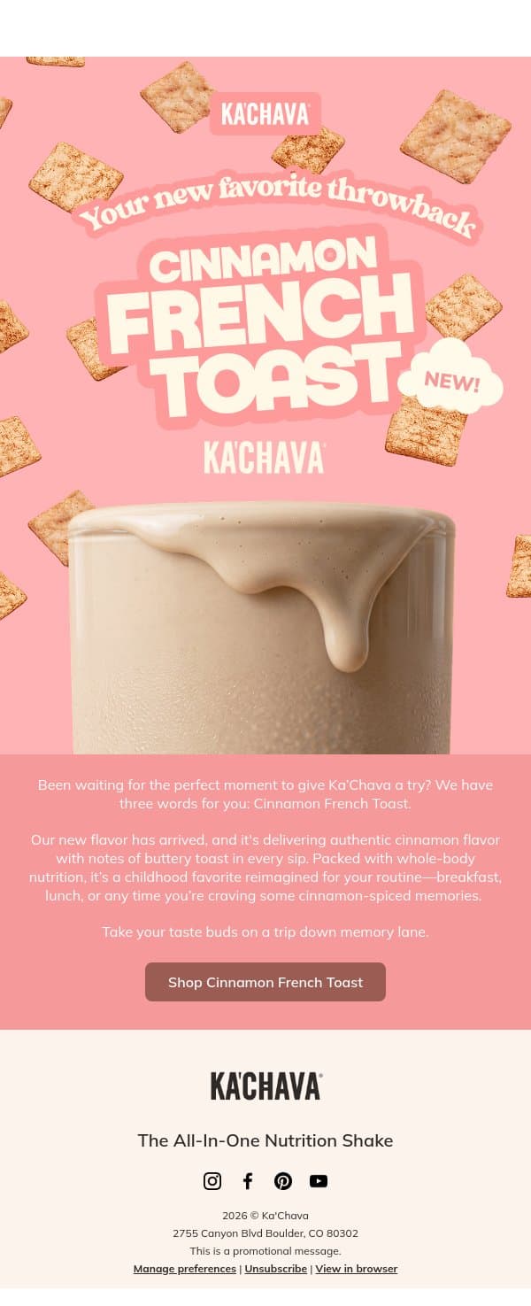 Cinnamon French Toast Ka’Chava just dropped! 😋 email from Ka'Chava screenshot