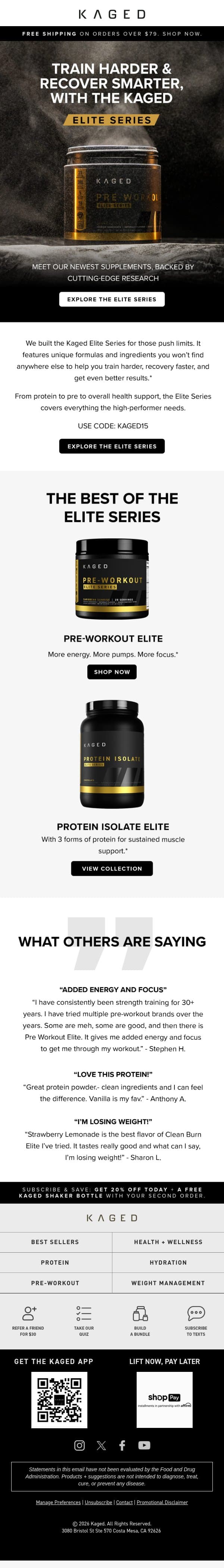 Meet the Elite Series: Next-Level Performance Starts Here email from Kaged screenshot