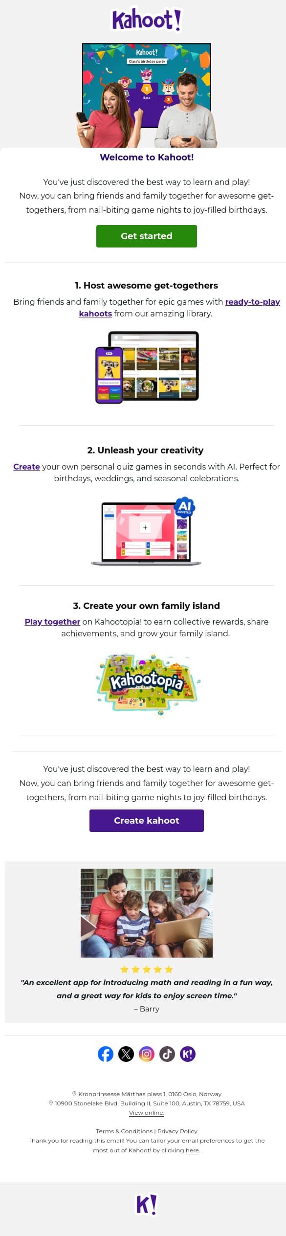 Hey, welcome to Kahoot! 🤩 email from Kahoot! screenshot
