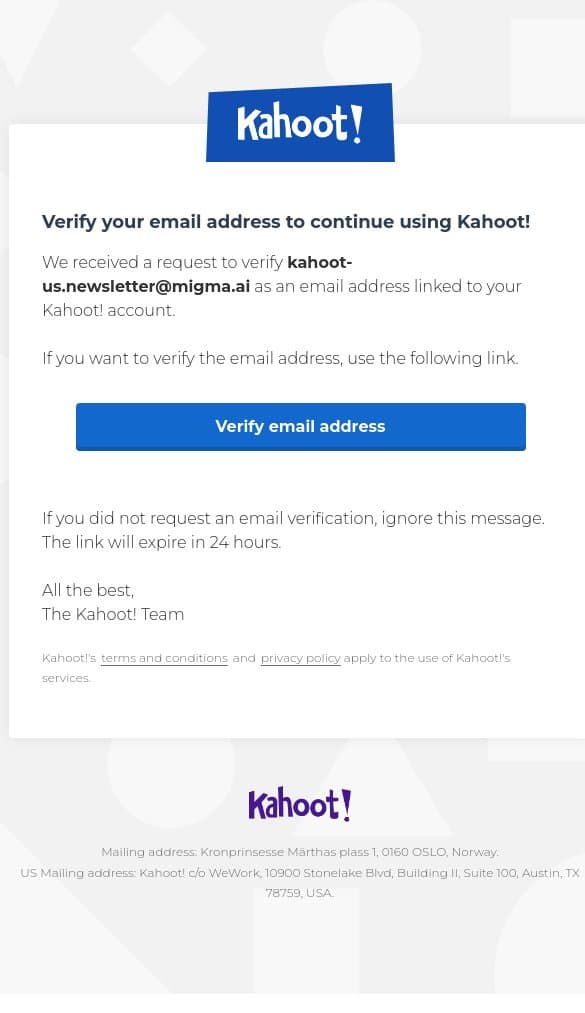 Verify your email address on Kahoot! email from Kahoot! screenshot