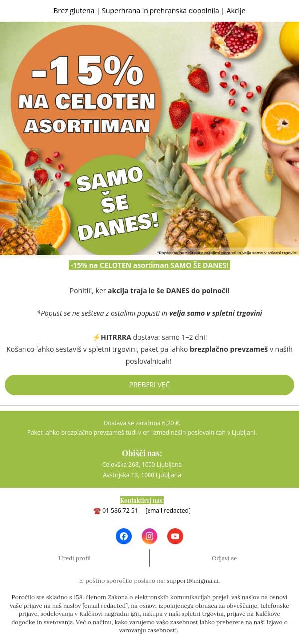 Samo še danes -15% na VSE! email from Kalček screenshot