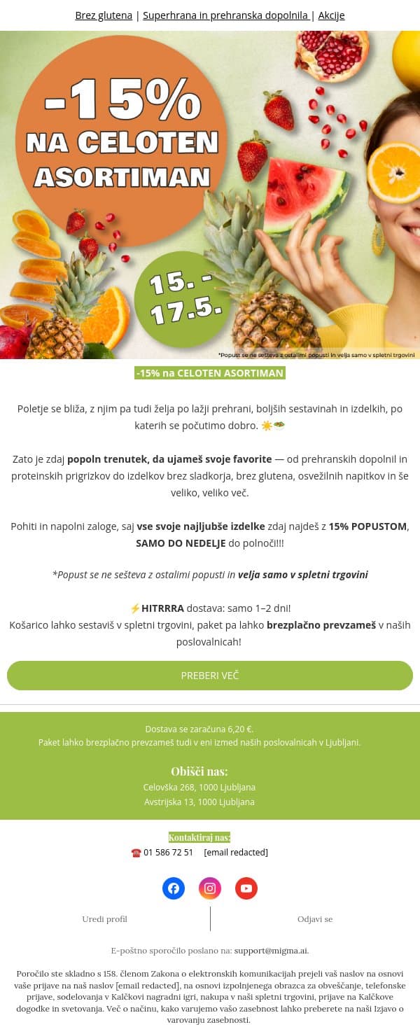 -15% na CELOTEN asortiman! email from Kalček screenshot