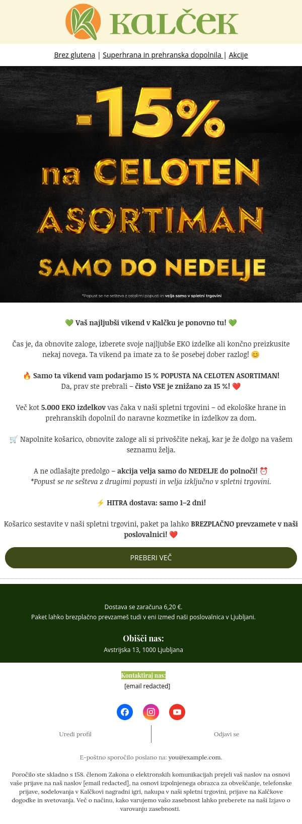 Samo ta vikend: -15 % na ČISTO VSE! 💚 email from Kalček screenshot