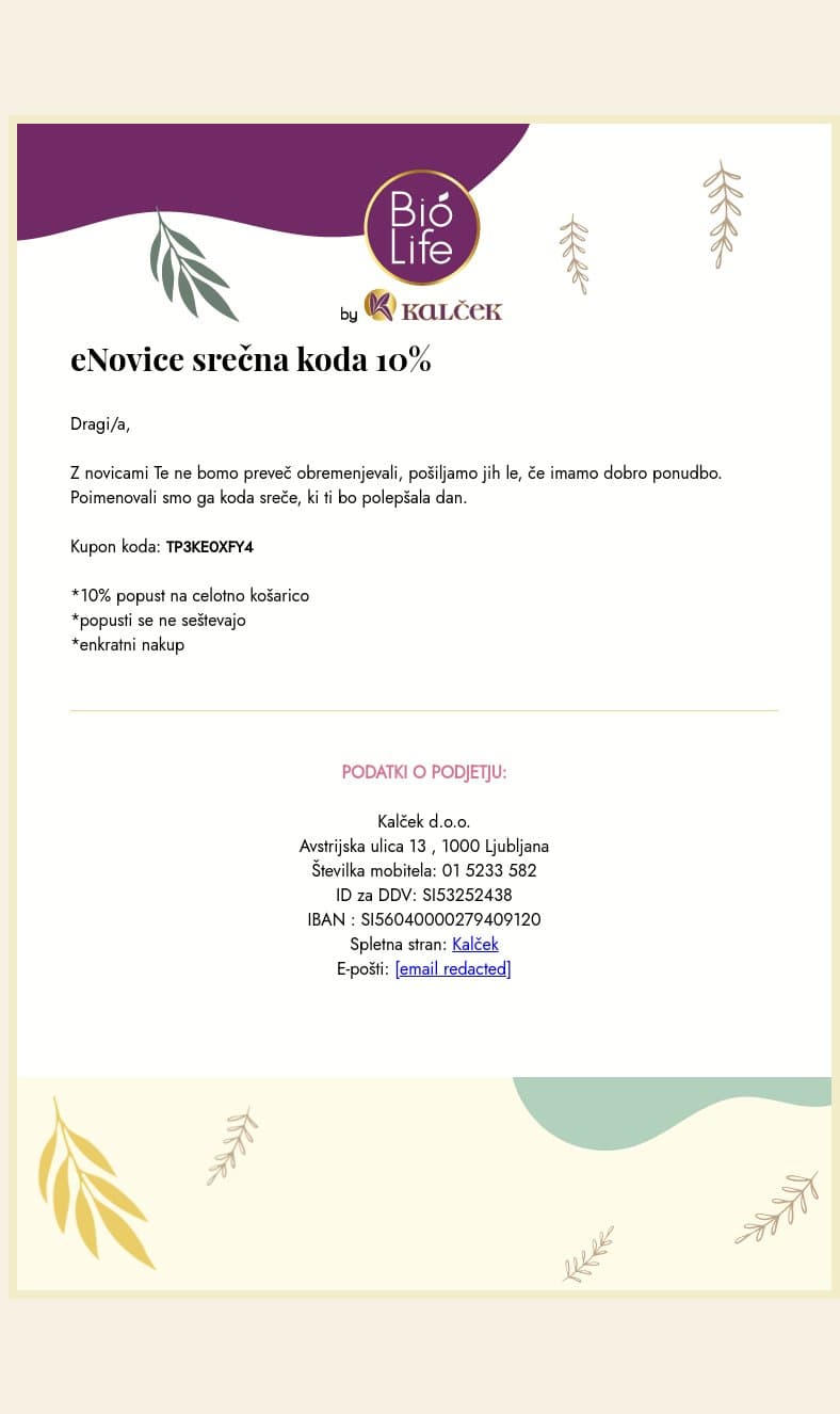 Novičke srečna koda 10% email from Kalček screenshot