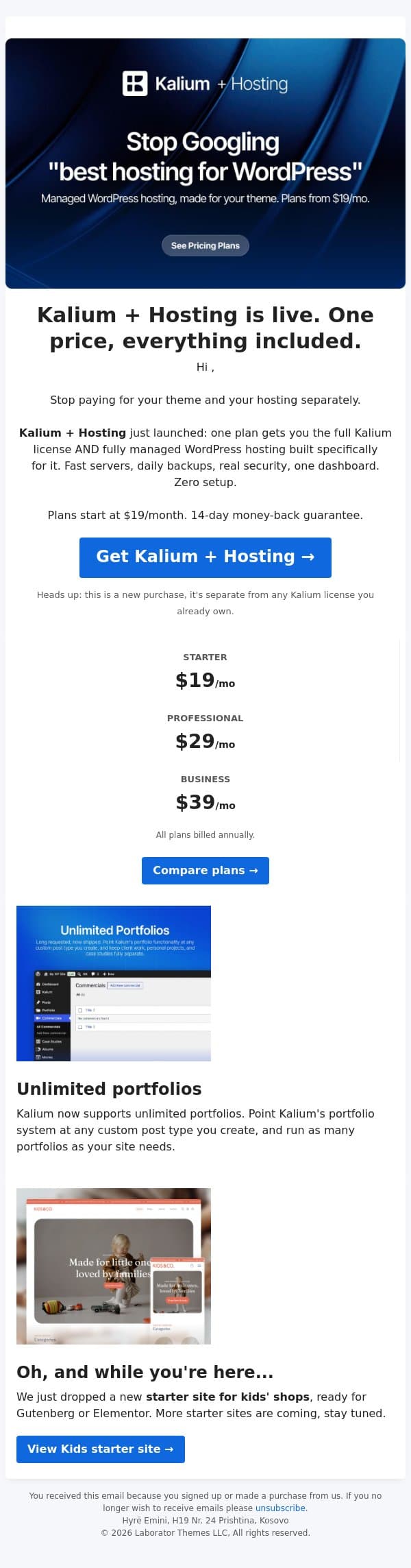 Introducing Kalium + Hosting, a new starter site and multiple portfolios email from Kalium screenshot
