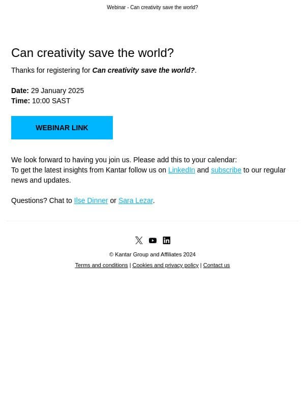 Thank you for registering email from Kantar screenshot