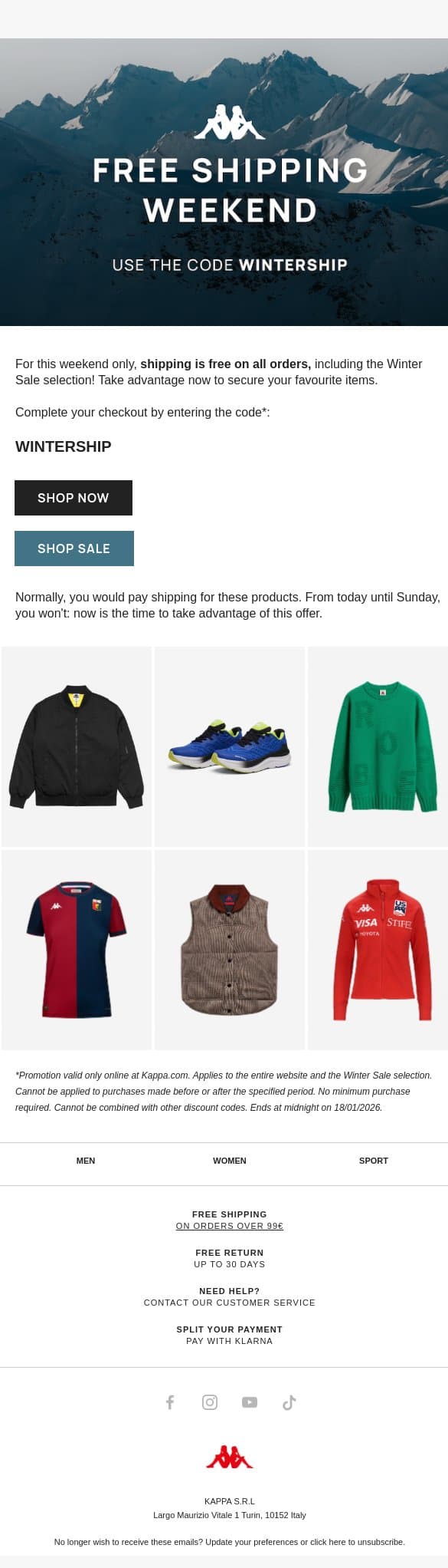 🚚 Shipping is free until Sunday email from Kappa screenshot