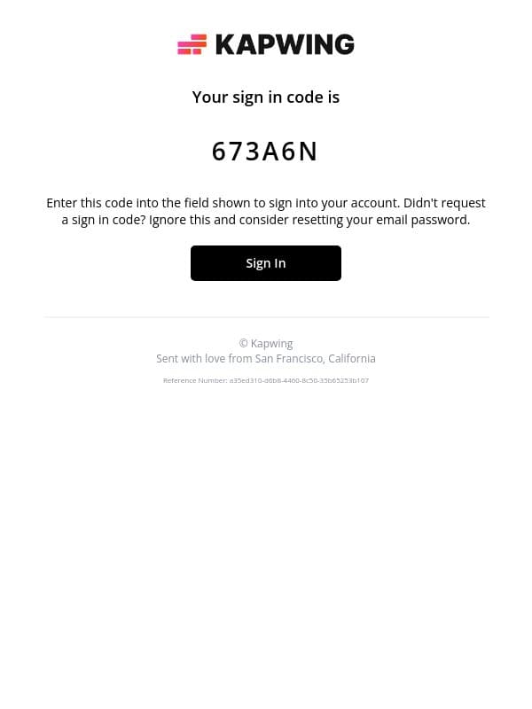 Your Kapwing sign-in code email from Kapwing screenshot