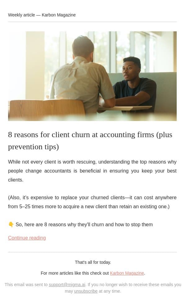 Why your clients really leave email from Karbon screenshot