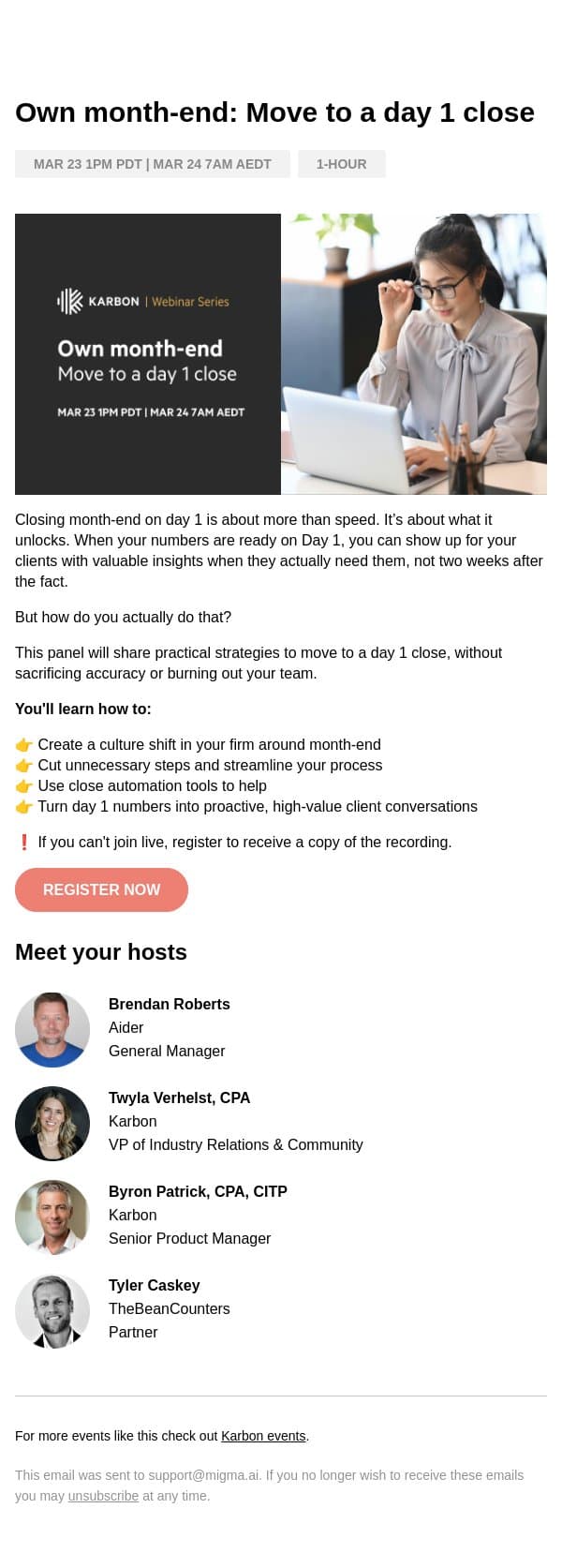 Invite: Own month-end with a day 1 close email from Karbon screenshot