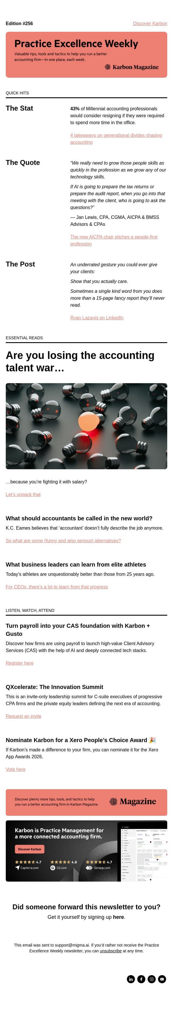 PEW 256: Elite athletes, beyond salary, and generational divides email from Karbon screenshot