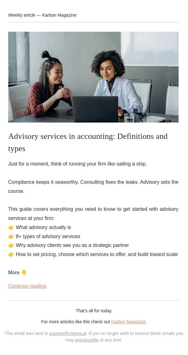 Compliance keeps the ship afloat. Advisory sets the course. email from Karbon screenshot