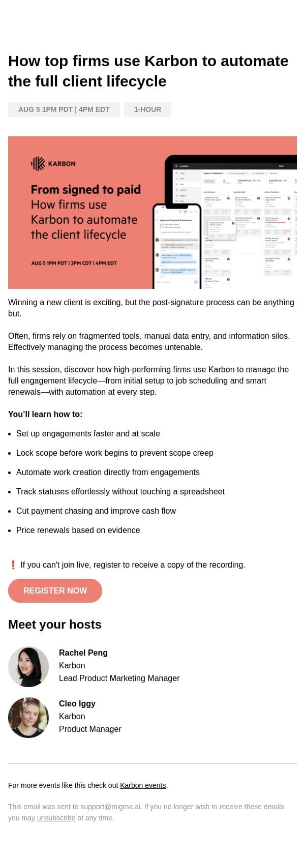 Invite: Use Karbon to automate the full client lifecycle email from Karbon screenshot