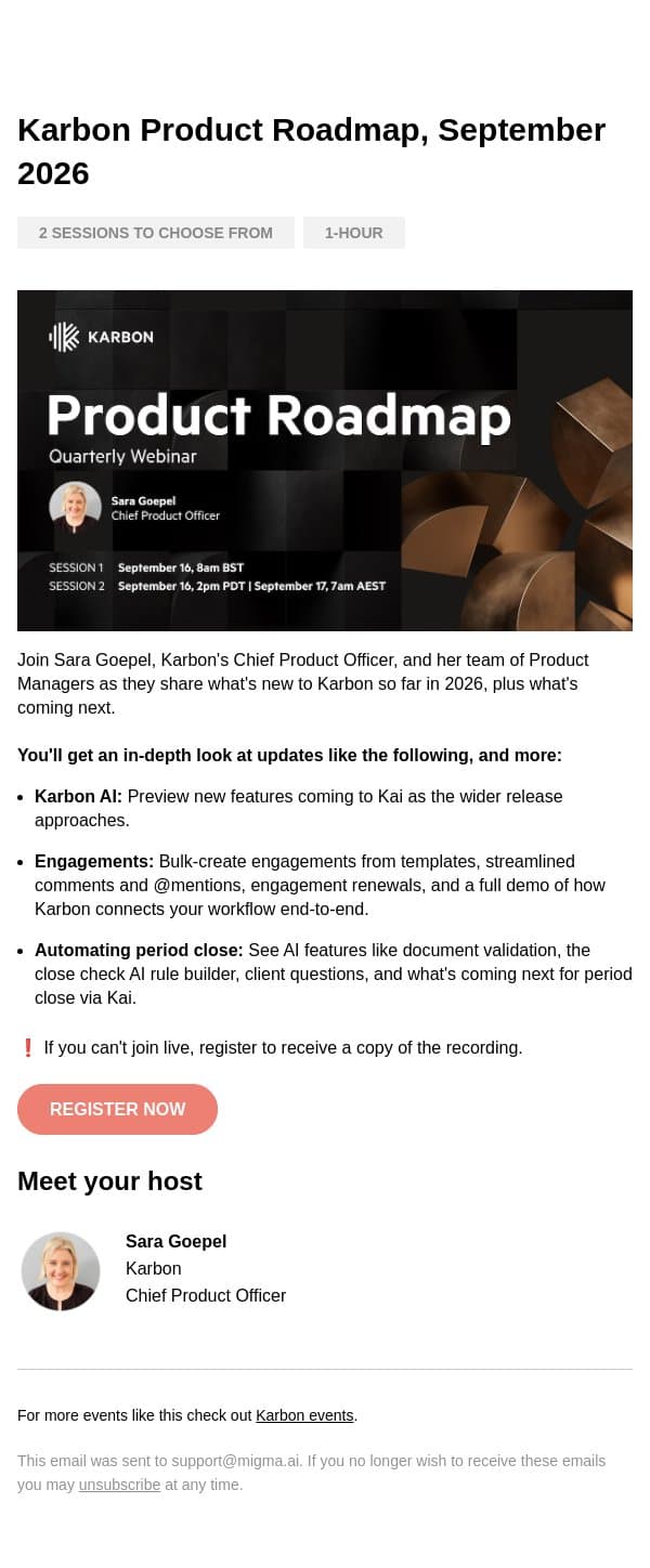 Invite: Karbon's next product update email from Karbon screenshot