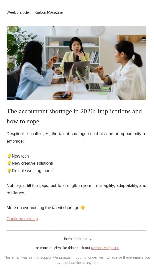 Finding opportunities in the talent shortage email from Karbon screenshot