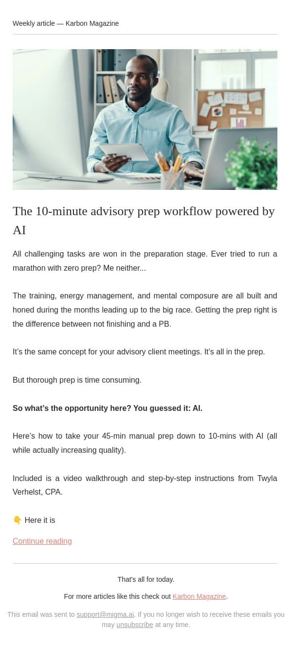 Advisory prep in 10-mins with AI email from Karbon screenshot