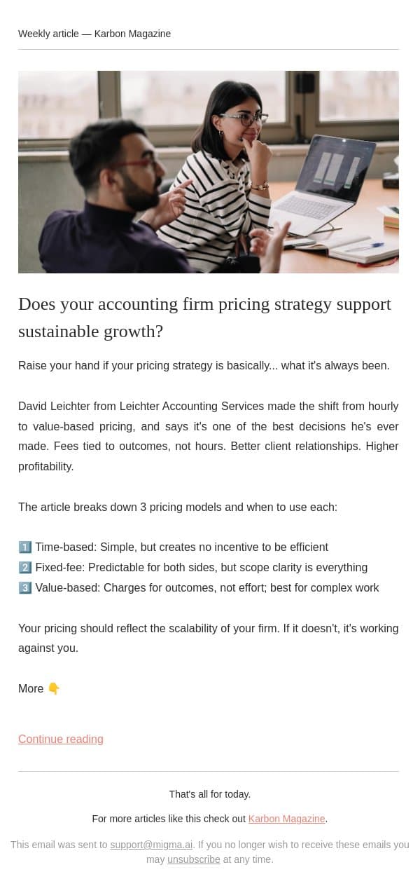 Your pricing might be holding you back email from Karbon screenshot