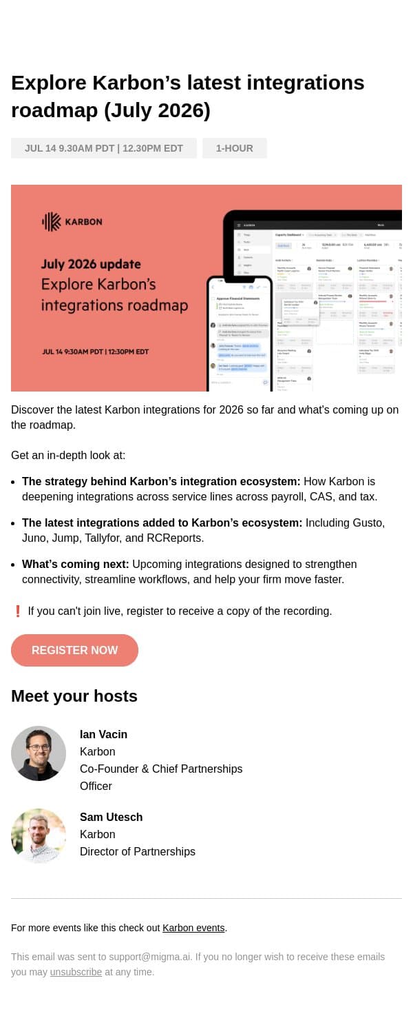Invite: Karbon's integrations update email from Karbon screenshot