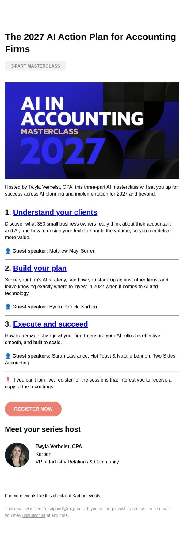 Invite: AI Masterclass for Accounting Firms email from Karbon screenshot