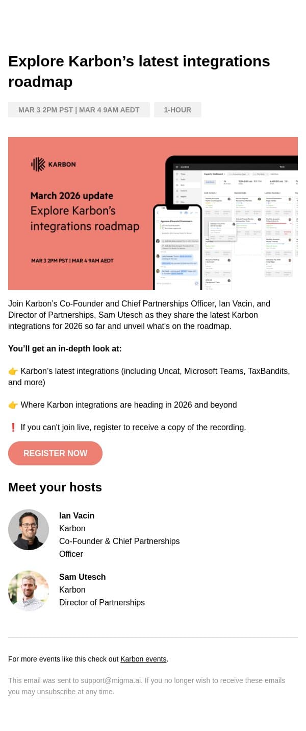 Invite: Karbon integrations news email from Karbon screenshot