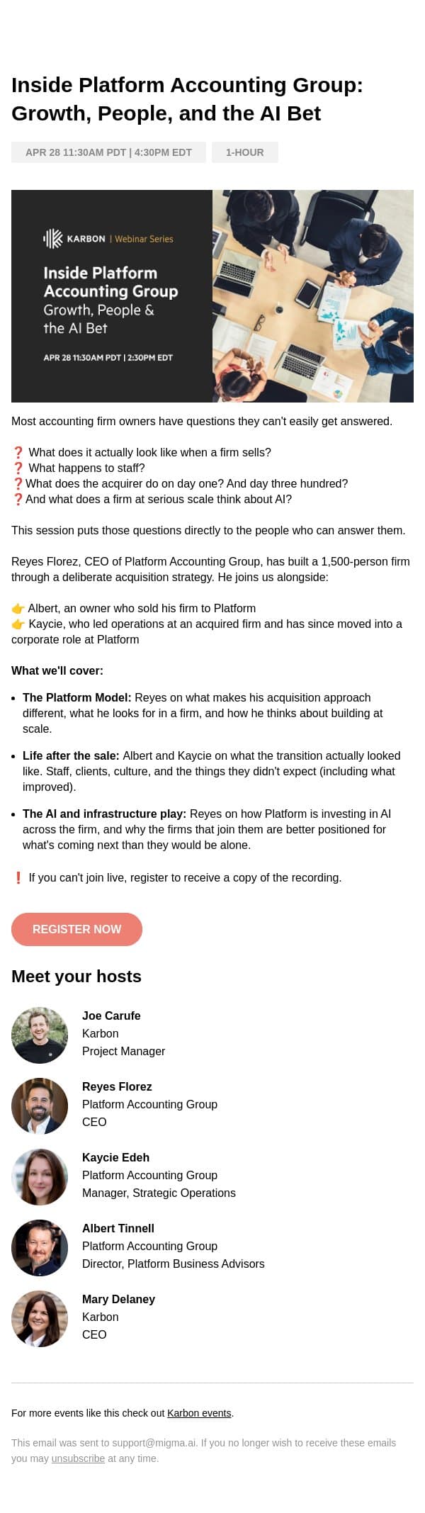 Invite: Inside Platform Accounting Group email from Karbon screenshot
