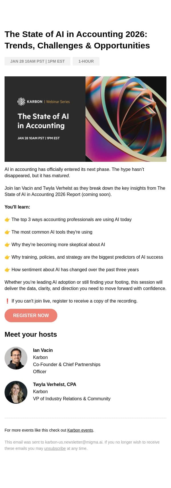 Invite: The State of AI in Accounting 2026 email from Karbon screenshot
