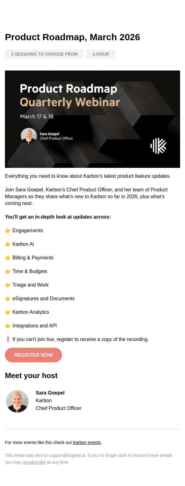 Invite: Karbon's Product Roadmap Update email from Karbon screenshot