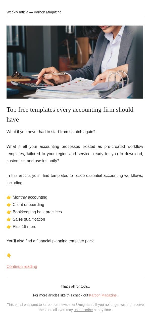 20 accounting templates for you email from Karbon screenshot