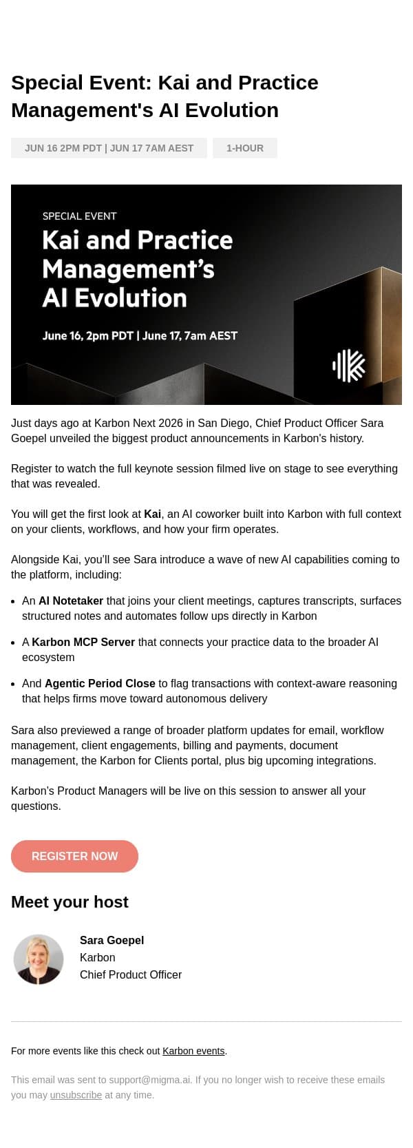 Invite: Meet Kai, your AI coworker in Karbon email from Karbon screenshot