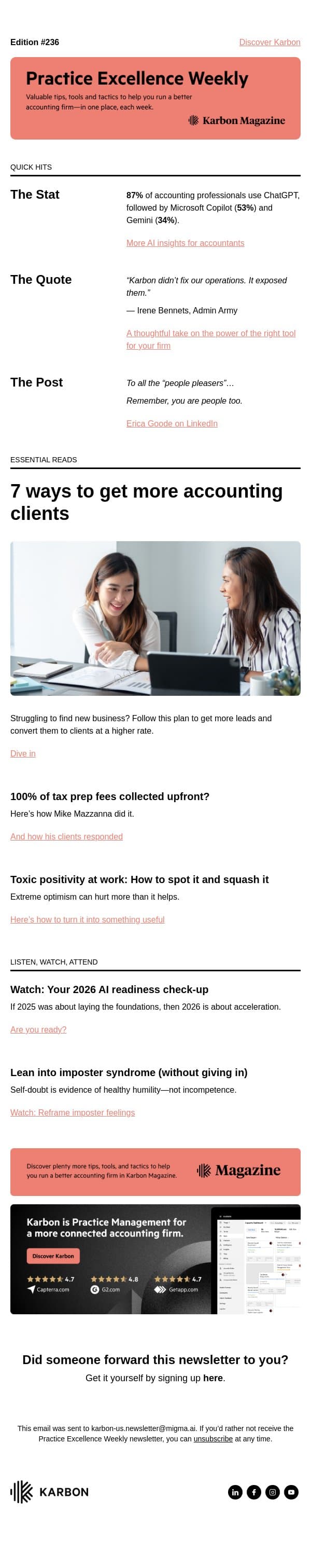PEW 236: Toxic positivity, your AI readiness check, and imposter syndrome email from Karbon screenshot
