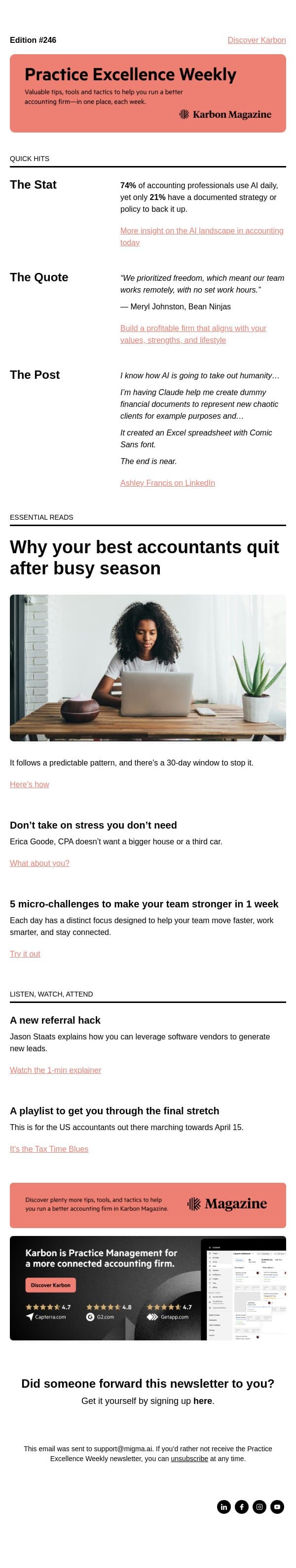 PEW 246: The riskiest time to lose staff, referrals, and a playlist email from Karbon screenshot