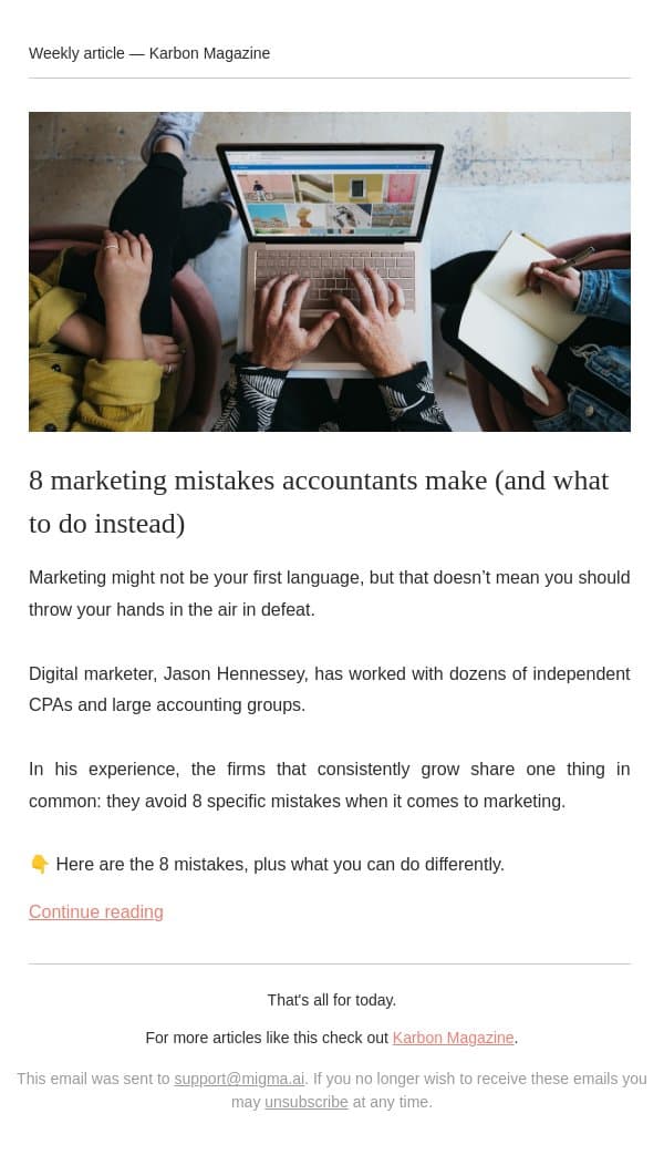 Marketing not your first language? It doesn’t need to be! email from Karbon screenshot