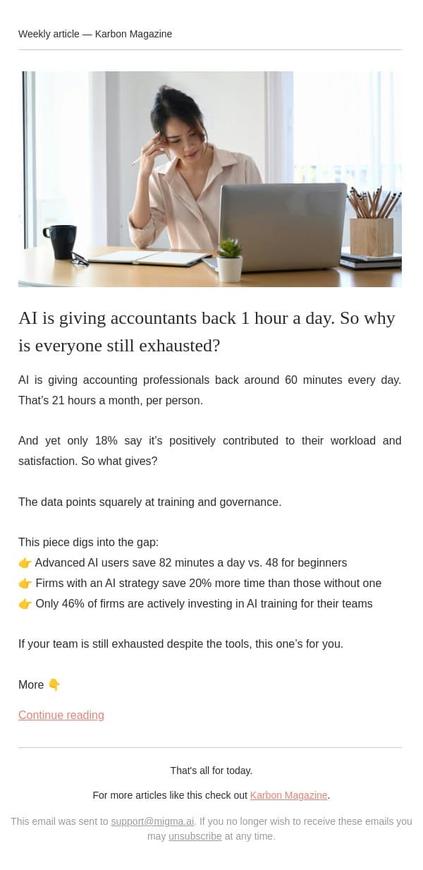 AI saves time. So why are you still tired? email from Karbon screenshot