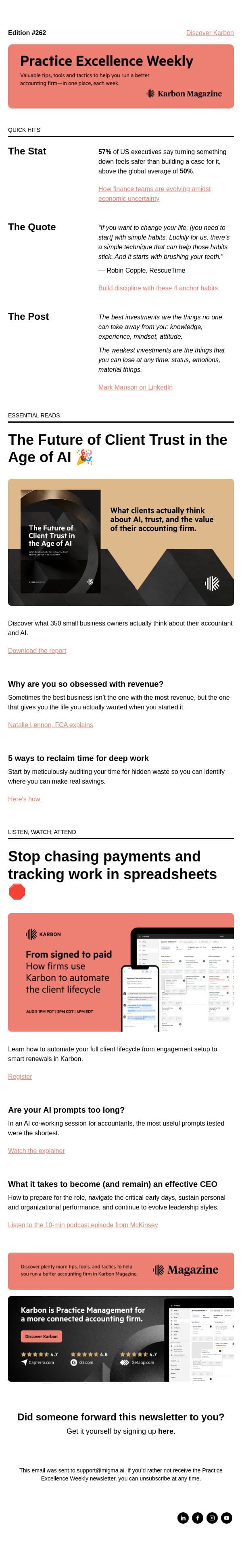 PEW 262: What your clients really think, revenue-obsessed, and deep work email from Karbon screenshot