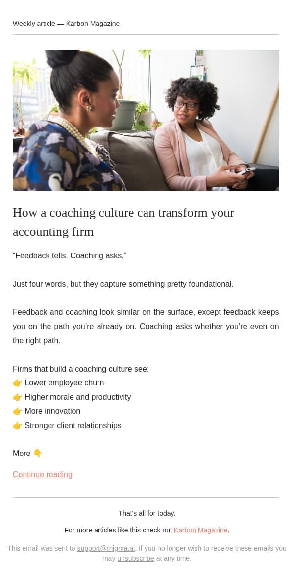 Feedback vs. coaching email from Karbon screenshot