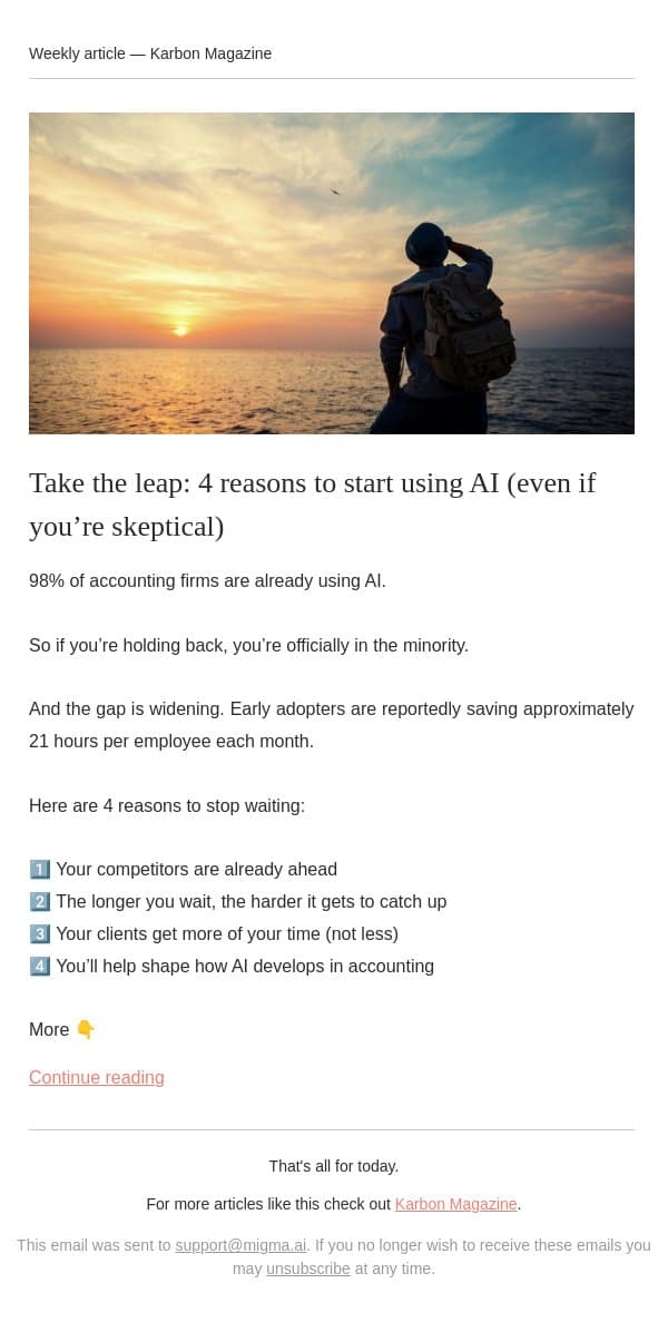 Still on the fence about AI? email from Karbon screenshot