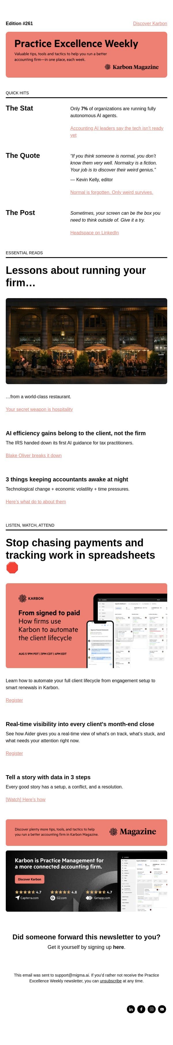 PEW 261: Weird genius, data storytelling, and lessons from a restaurant email from Karbon screenshot