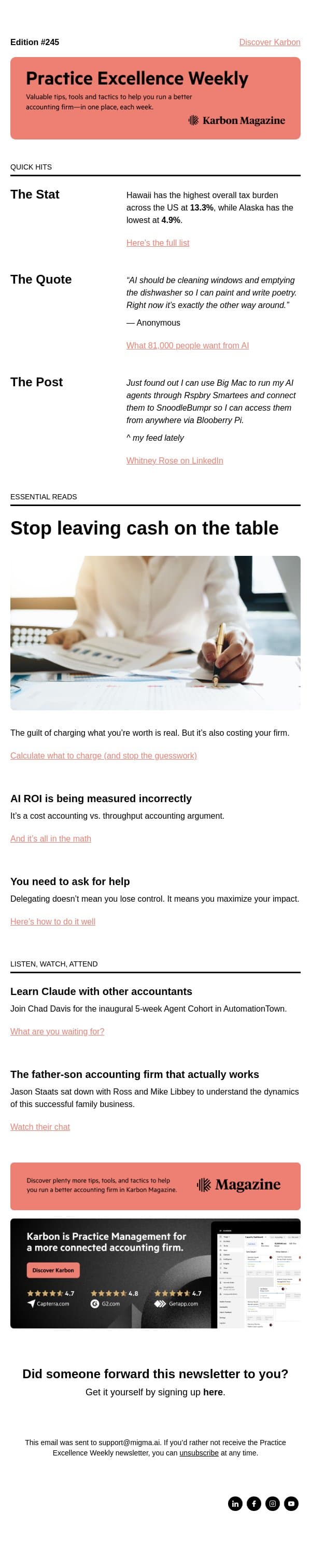 PEW 245: Claude lessons, pricing tips, and delegation email from Karbon screenshot