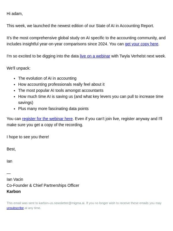 Invite: AI in Accounting 2026 (Trends, Challenges & Opportunities) email from Karbon screenshot