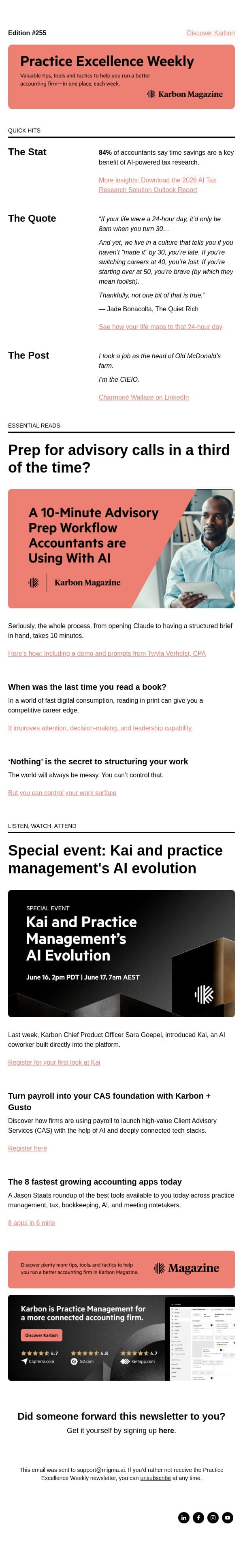 PEW 255: 10-min advisory prep, top accounting apps, and tax research email from Karbon screenshot