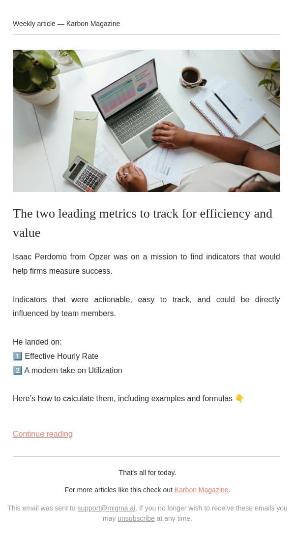 2 metrics to track efficiency and value email from Karbon screenshot