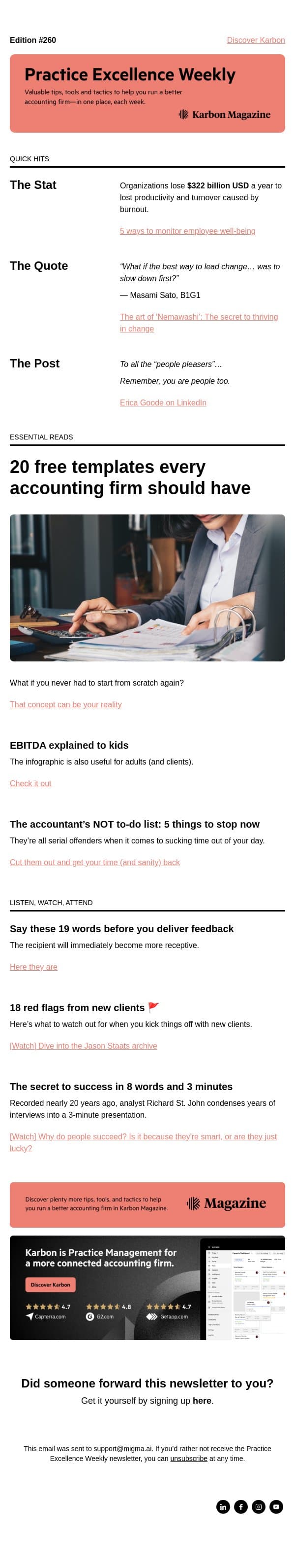 PEW 260: Celebrating 5 years of this newsletter with its greatest hits 🎉 email from Karbon screenshot