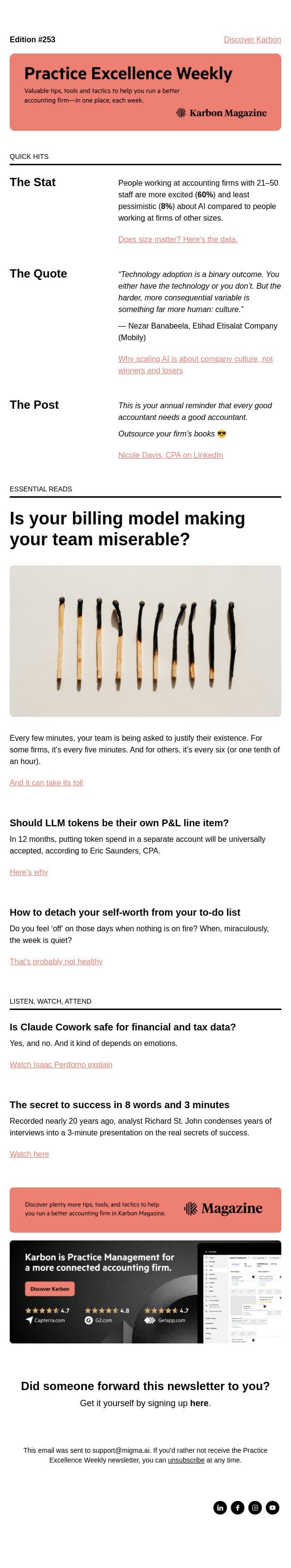 PEW 253: AI culture, billing + team wellbeing, and self-worth email from Karbon screenshot