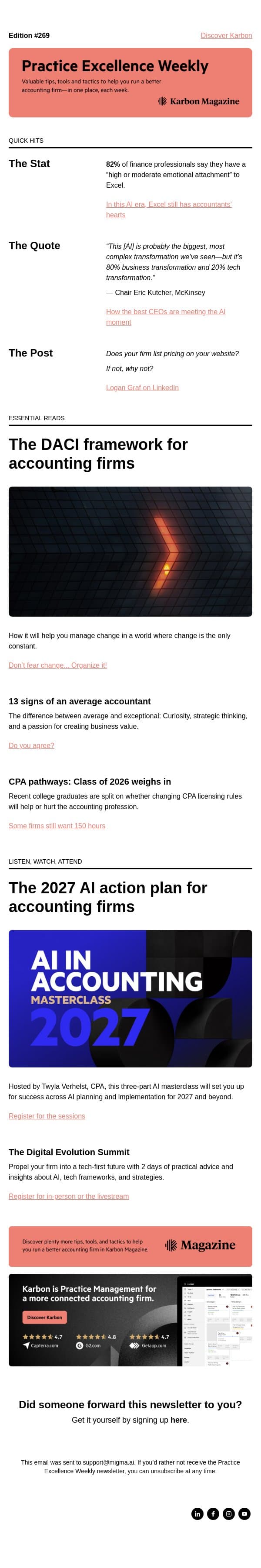 PEW 269: Your AI action plan, framework for change, and Excel love email from Karbon screenshot