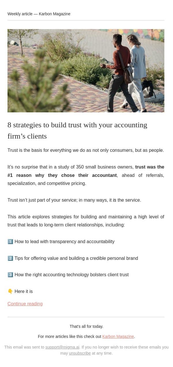Trust is the #1 reason clients choose their accountant email from Karbon screenshot