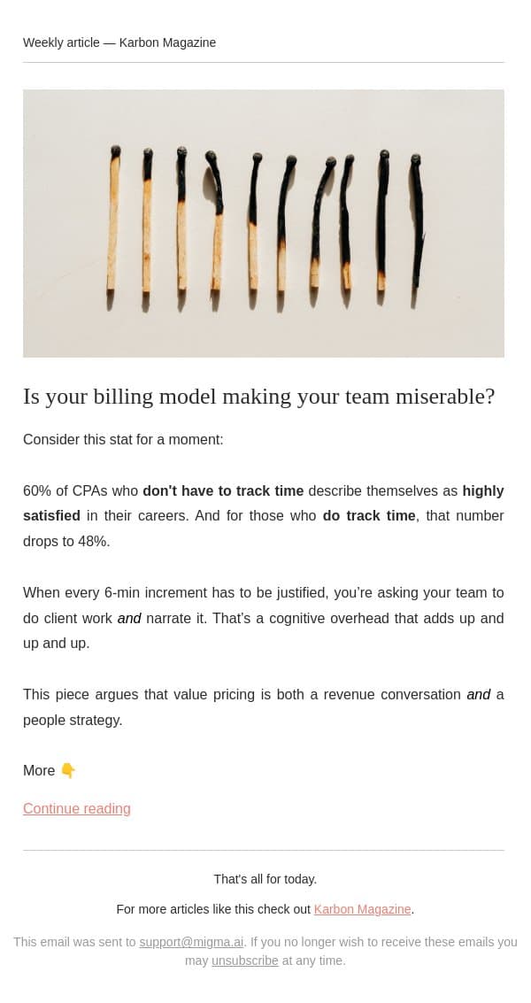 Is your billing model making your team miserable? email from Karbon screenshot