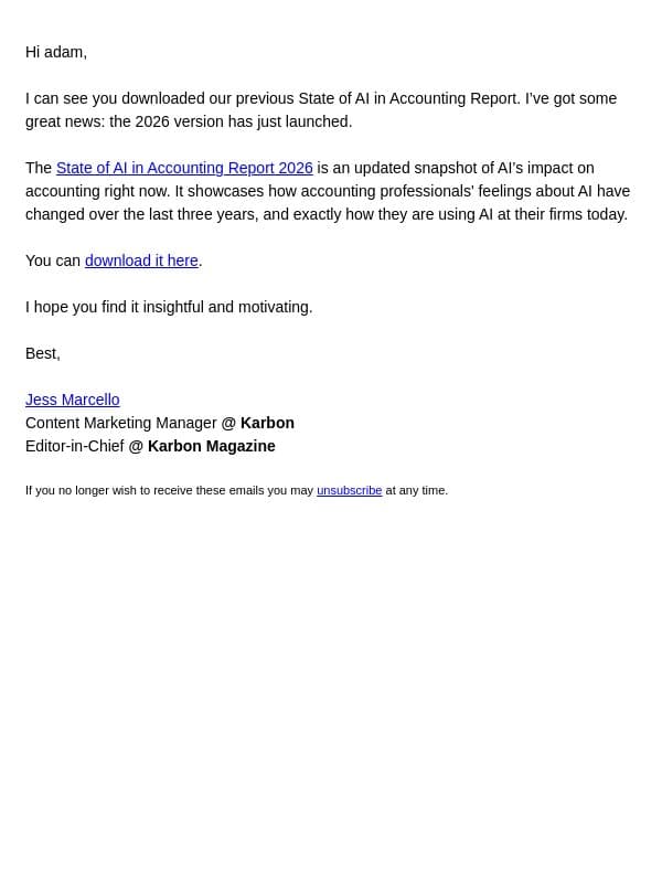 Just launched: 2026 State of AI in Accounting Report 🎉 email from Karbon screenshot